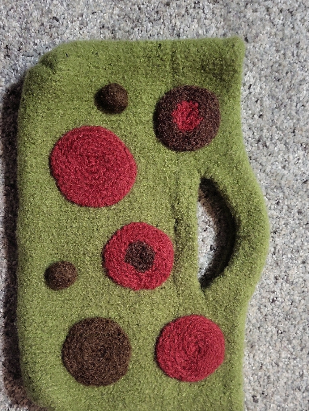 Handmade Felted Olive Green Handbag with Red Accent